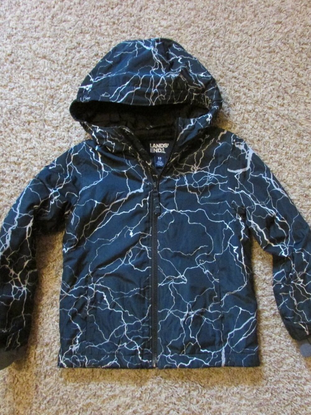 Lands' End XS Gray Black Lightning Print Insulated Hooded Jacket EUC